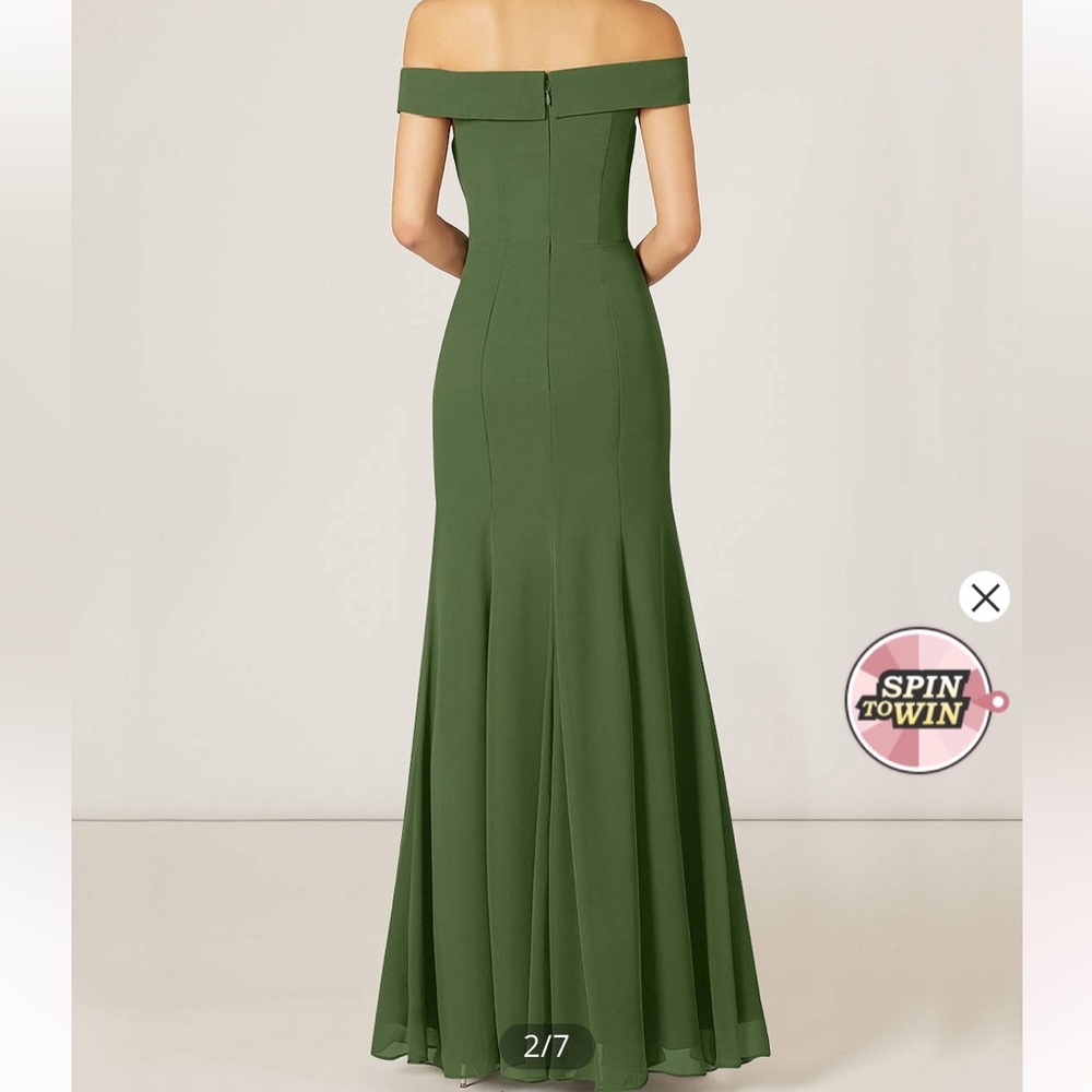 Olive formal dress from Azazie.Worn 1x in a wedding.I’m 5 ft 6 in wore 2in heels